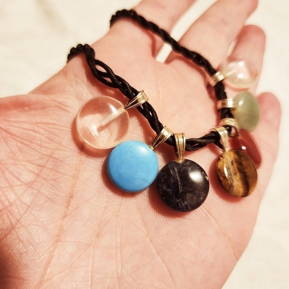 Seven Natural Stone Pendant Necklace on Black Rope Lobster Claw Clasp Quarts EUC - Picture 5 of 10